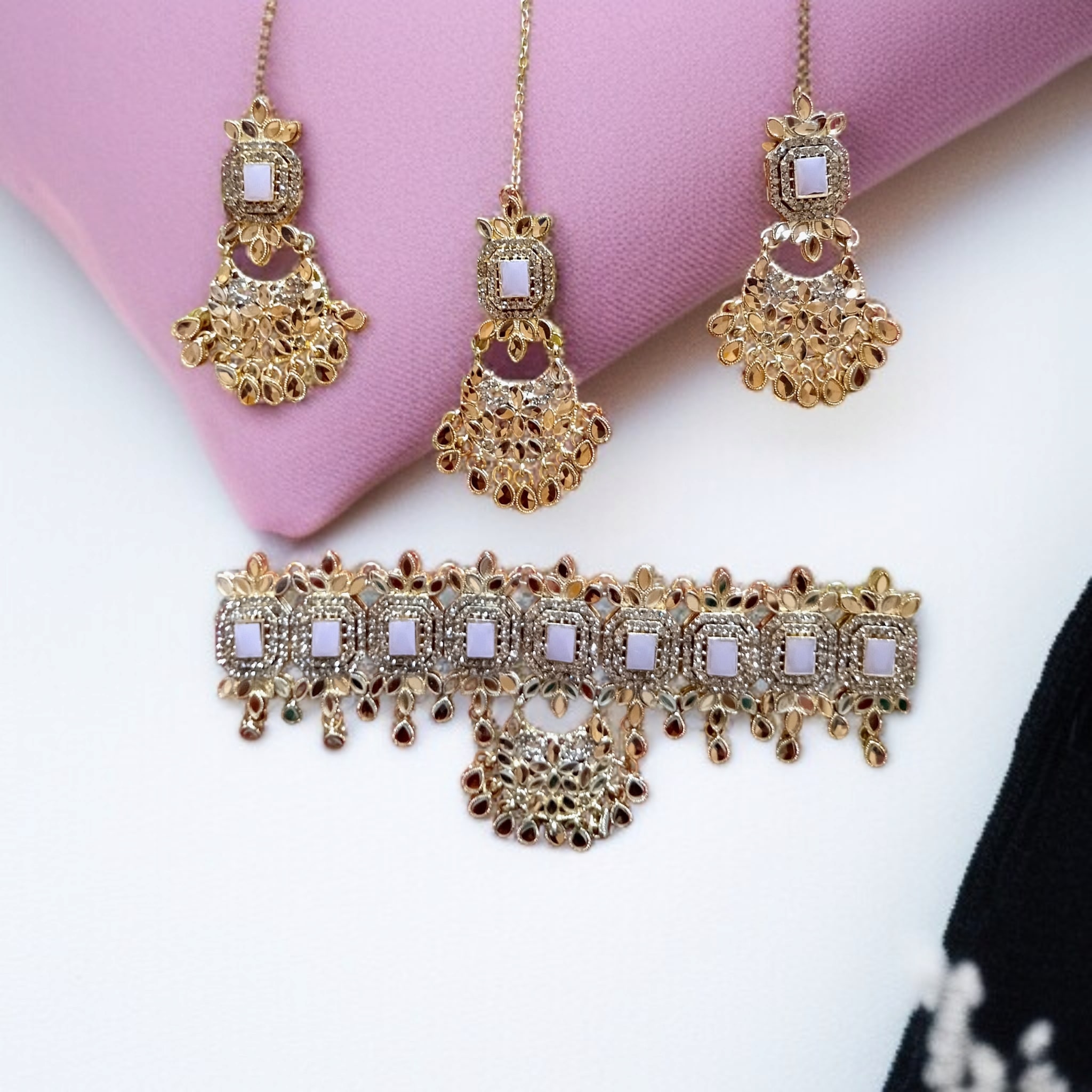 Buy Pink and Golden colour jewellery set with necklace , earrings and tikka at best price in Pakistan